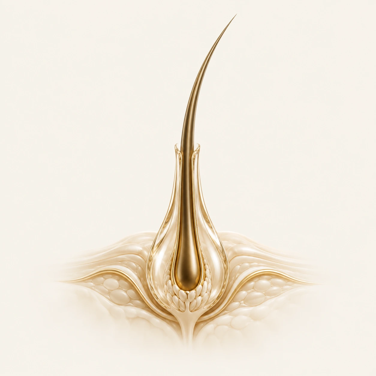 Ilustração conceitual de um folículo capilar em dourado e cristal translúcido